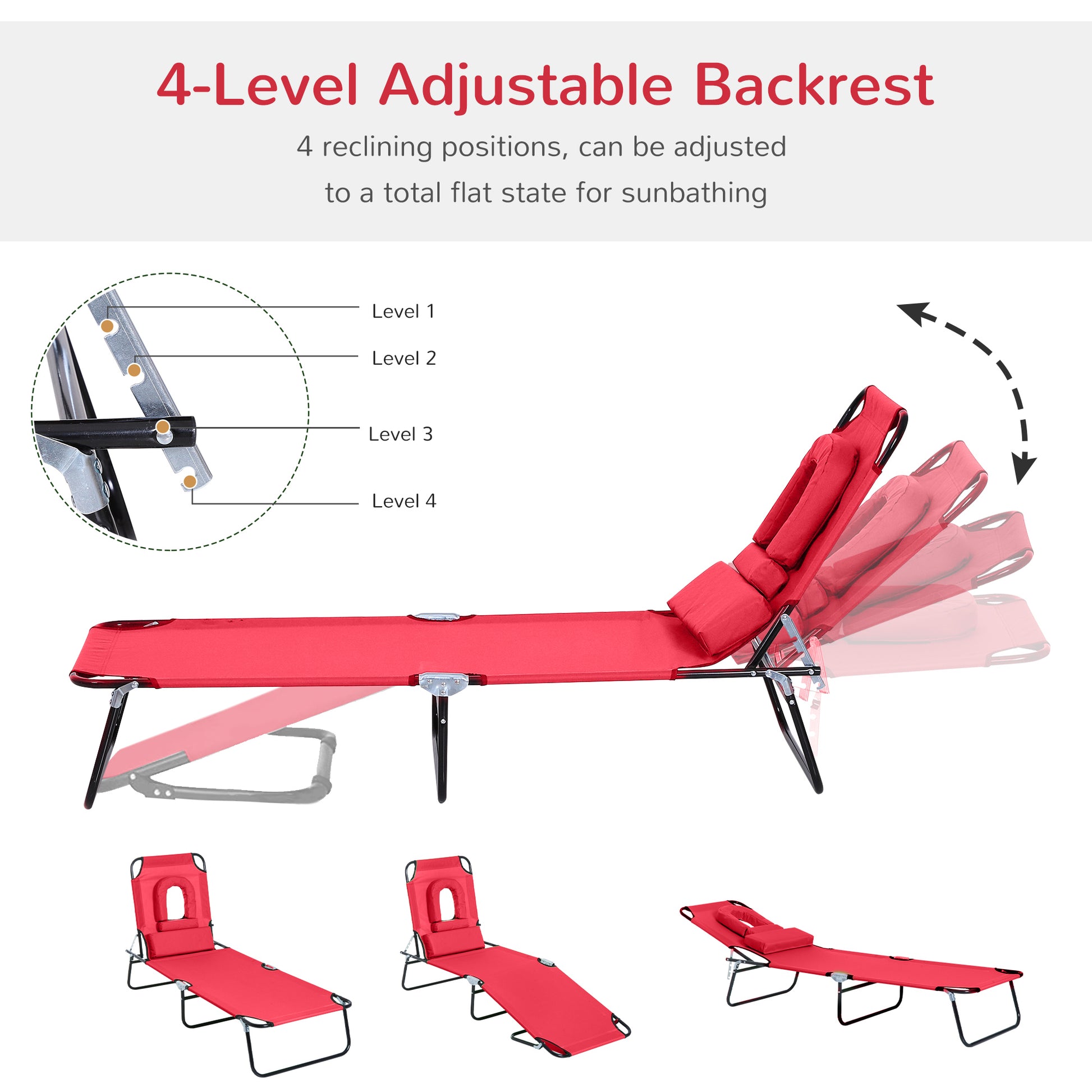 Folding Chaise Lounge Chair, Reclining Beach Tanning Chair with Face Hole, Pillow, 4-Position Adjustable Lay Flat Sun Lo