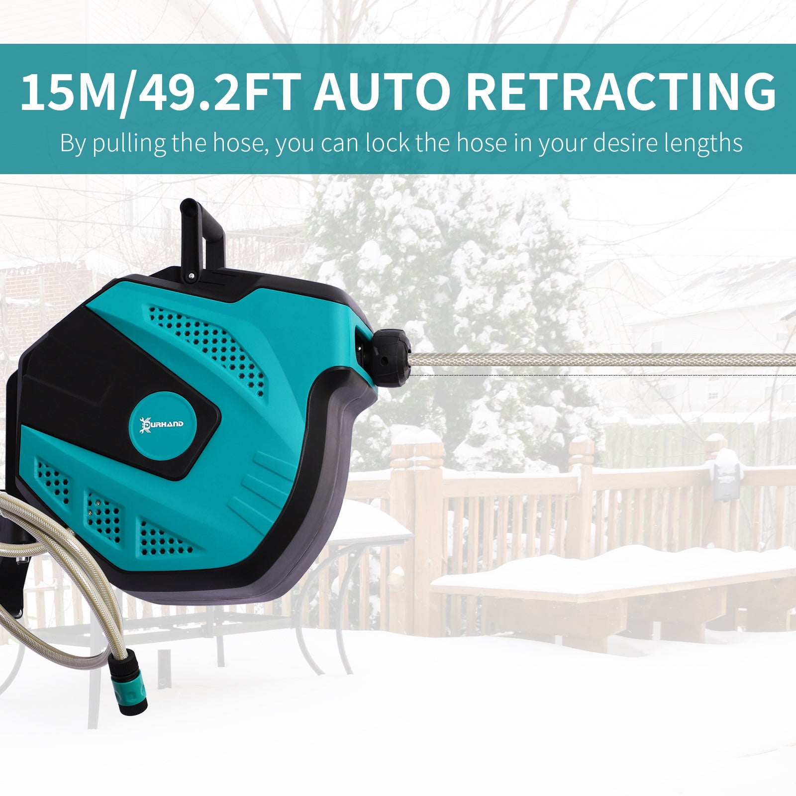 Retractable Garden Hose Reel 1/2" x 49 ft Wall Mounted with Automatic Rewind, 180° Swivel Bracket, Any Length Lock, 7 Pa