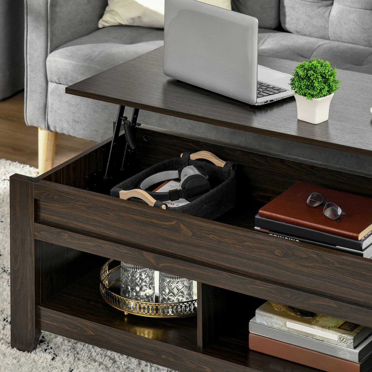 Lift Top Coffee Table with Hidden Storage Compartment and Open Shelves, Lift Tabletop Pop-Up Center Table for Living Roo