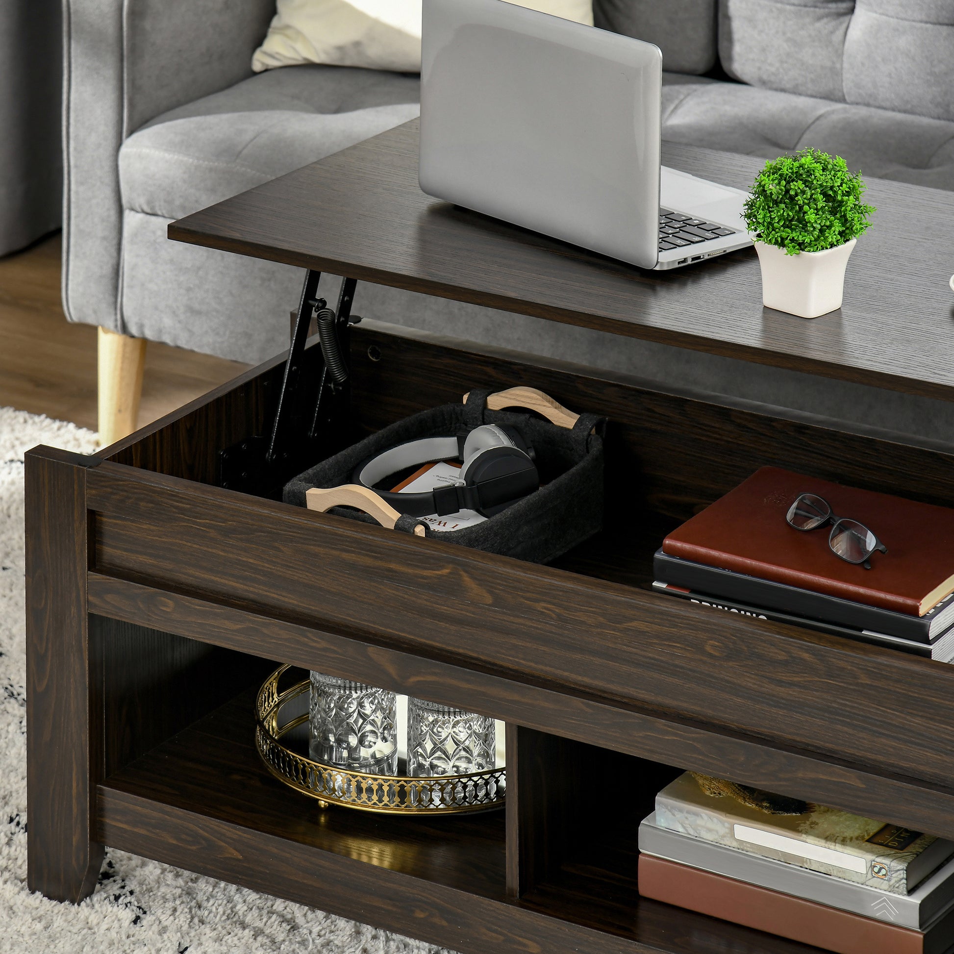 Lift Top Coffee Table with Hidden Storage Compartment and Open Shelves, Lift Tabletop Pop-Up Center Table for Living Roo