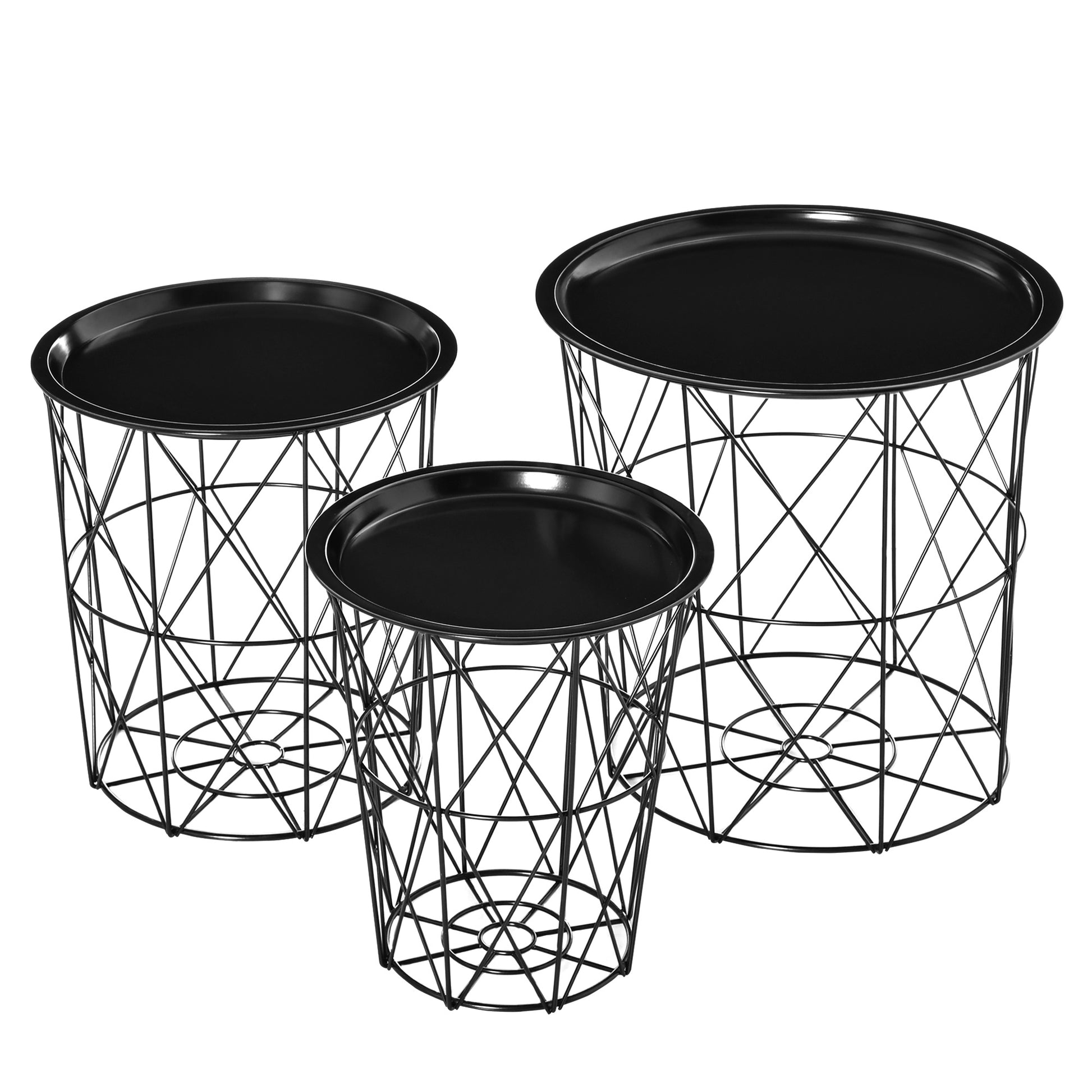 Set of 3 Nesting Coffee Tables with Storage, Round End Table with Removable Tray, Basket Side Tables with Metal Frame fo