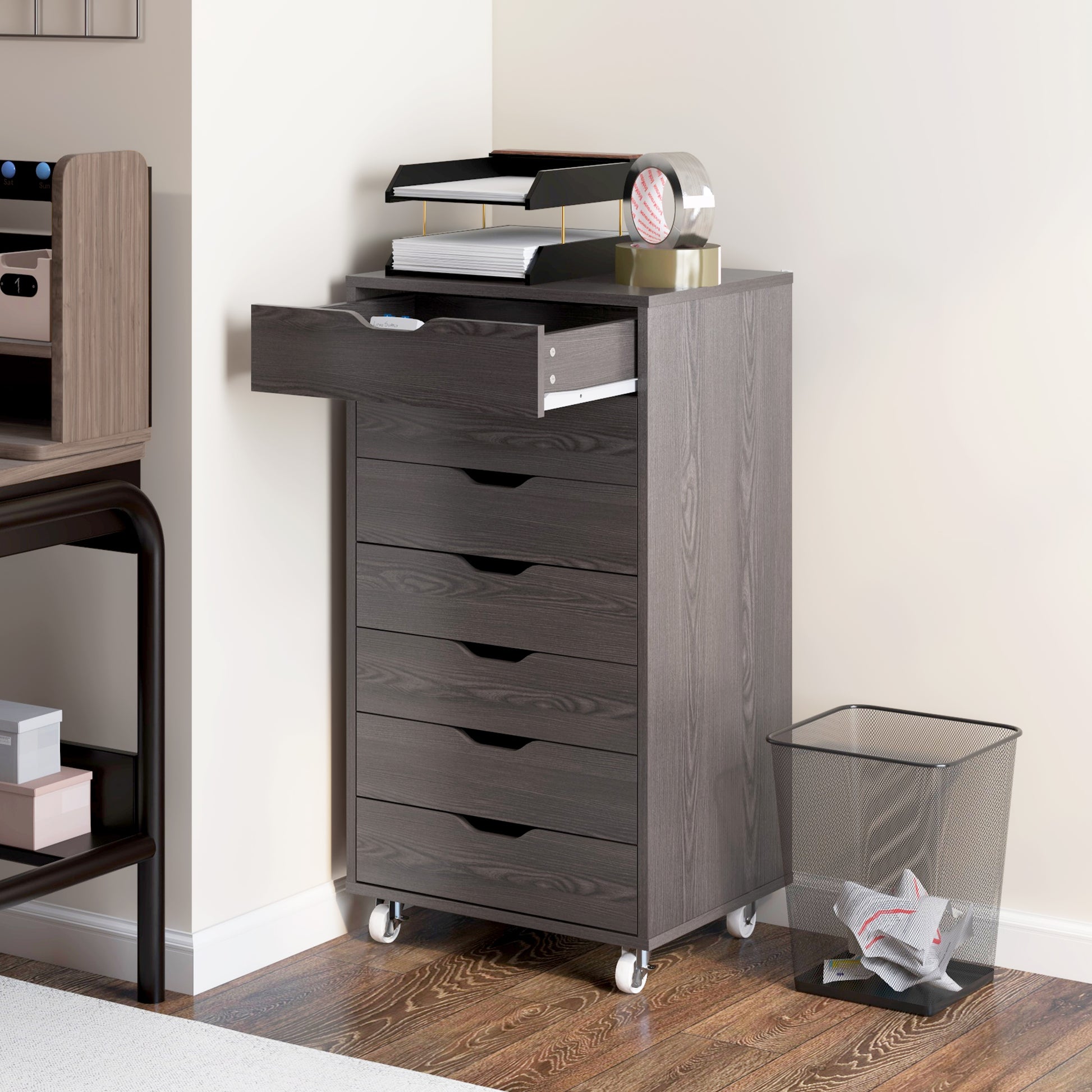 7-drawer Vertical File Cabinet for Home Office, Storage Cabinet with Wheels, 18.7"x15.6"x35.4", Grey Wood Grain