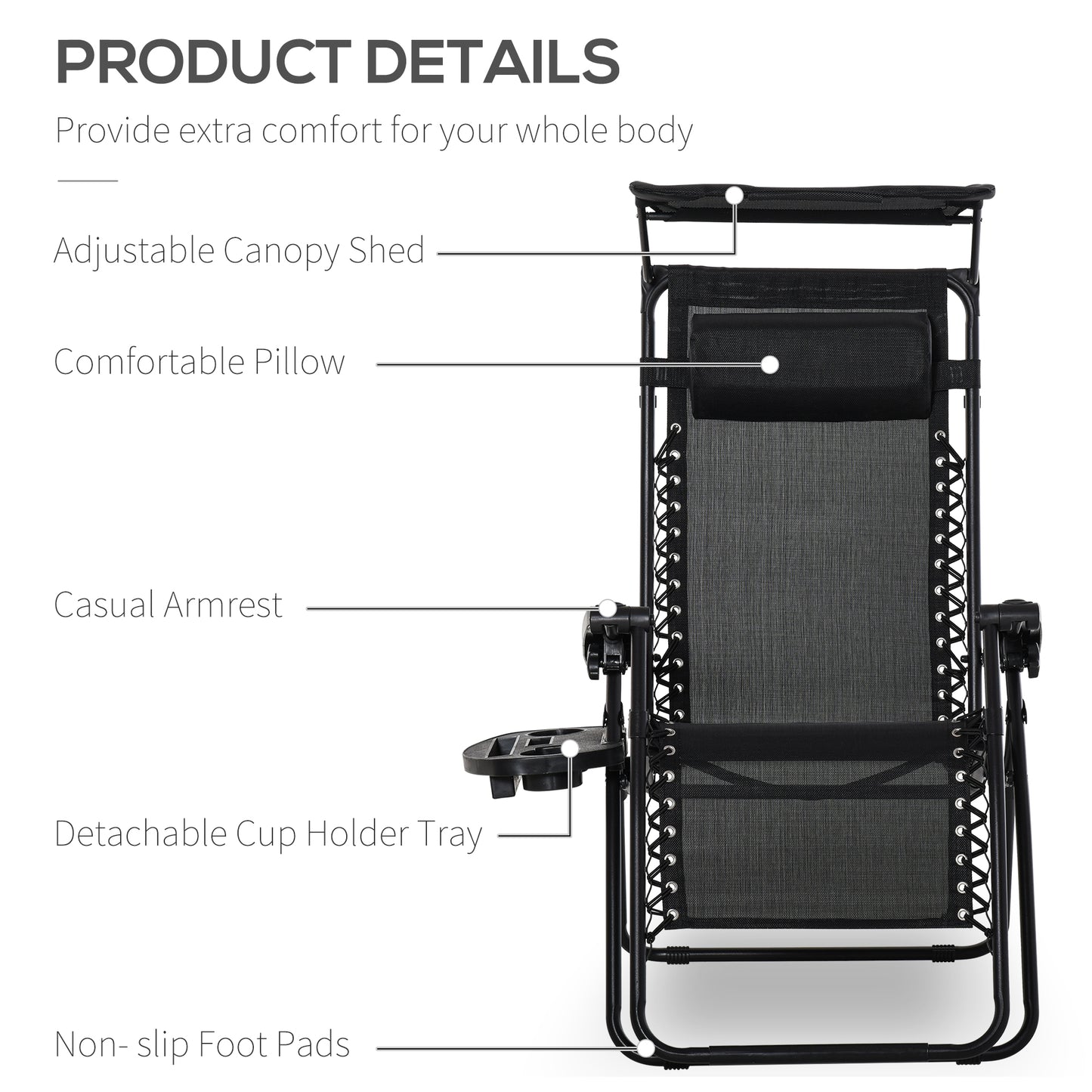 Outdoor Zero Gravity Reclining Lounger Chair with Canopy Shade, Side Tray, Cupholder, Black