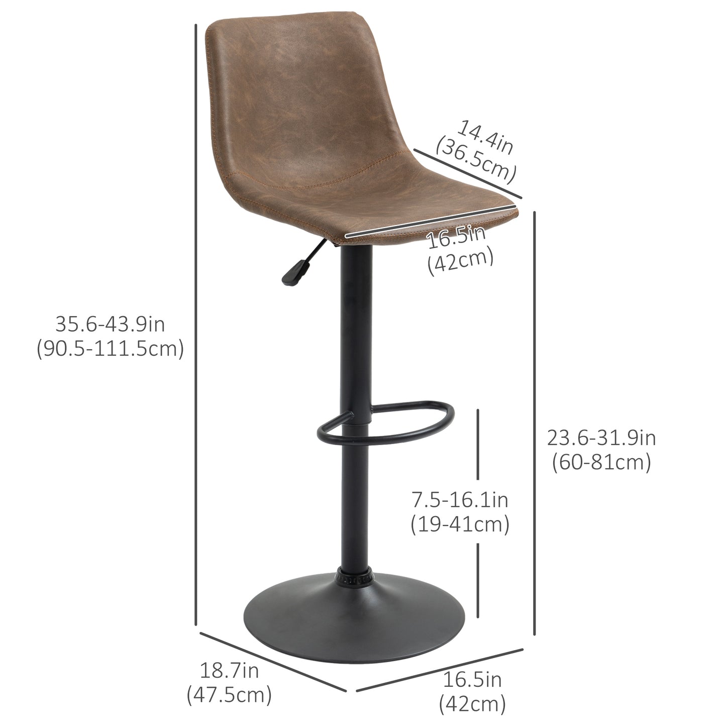 Adjustable Counter Height Bar Stools Set of 2, 360° Swivel Kitchen Counter Stools Dining Chairs with Backs, Vintage Leat