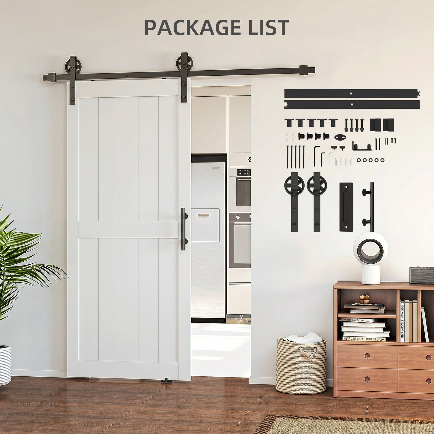 32inx84in Barn Door with 6FT Sliding Door Hardware Kit, Handle, Upgraded Rollers and Floor Guide, Waterproof, White