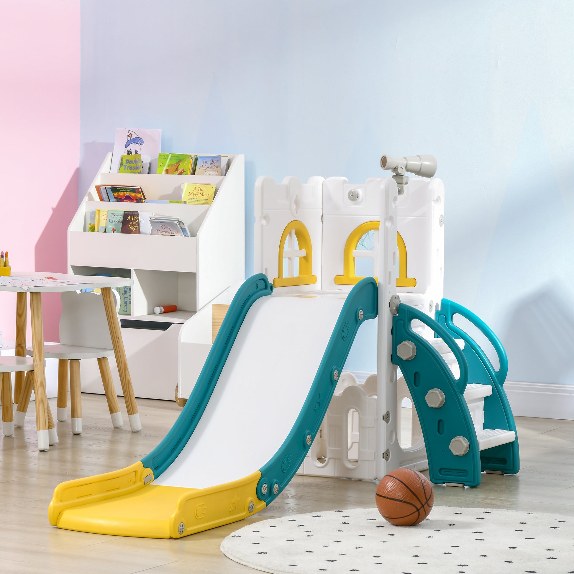 Qaba 5 in 1 Toddler Slide with Basketball Hoop, Climber, Telescope, Storage Basket, for 1-3 Years Kids Indoor Use, Yello