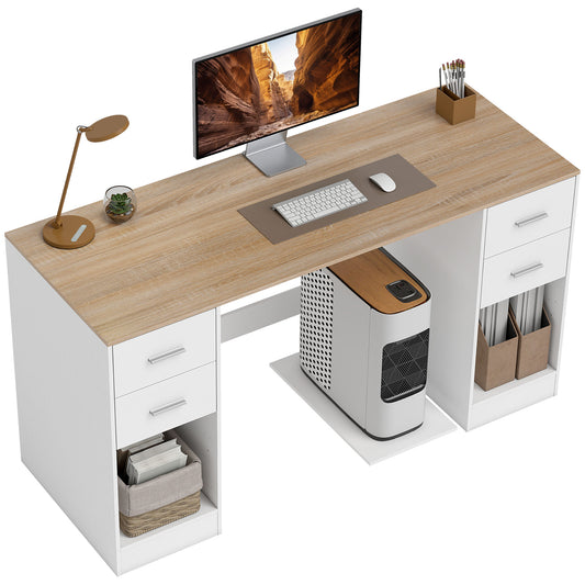 Office Desk, 55" Computer Desk with 4 Reversible Drawers, Mobile PC Stand, Adjustable Shelf, White Wood Grain