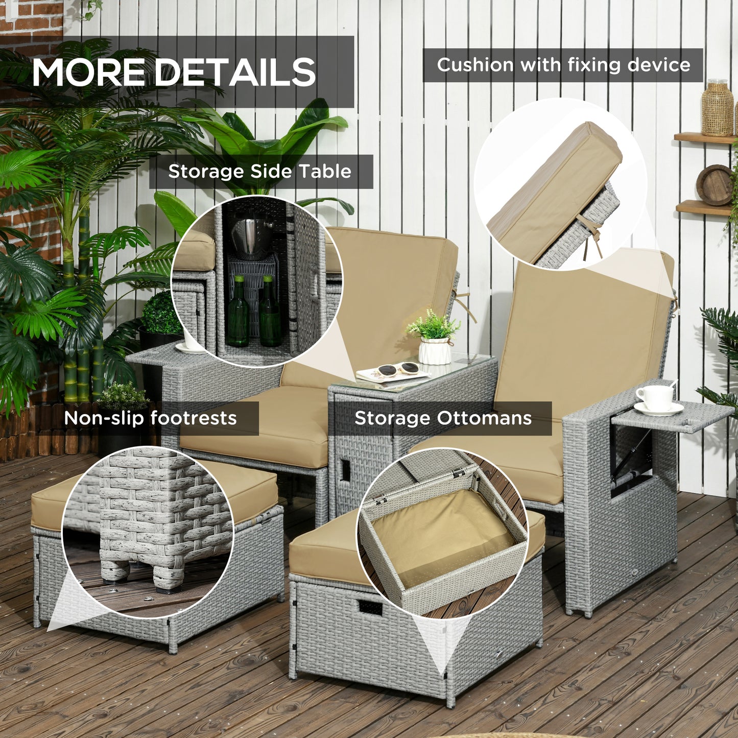5PC Wicker Patio Lounger, Outdoor PE Rattan 5-level Adjustable Recliner Sofa Bed with Storage Side Table and Footstools,