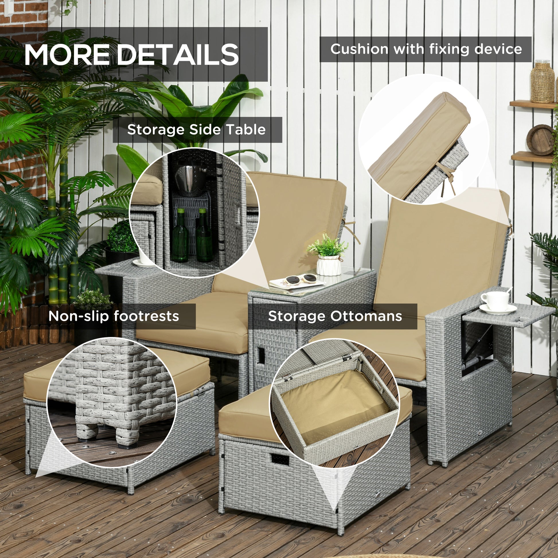 5PC Wicker Patio Lounger, Outdoor PE Rattan 5-level Adjustable Recliner Sofa Bed with Storage Side Table and Footstools,