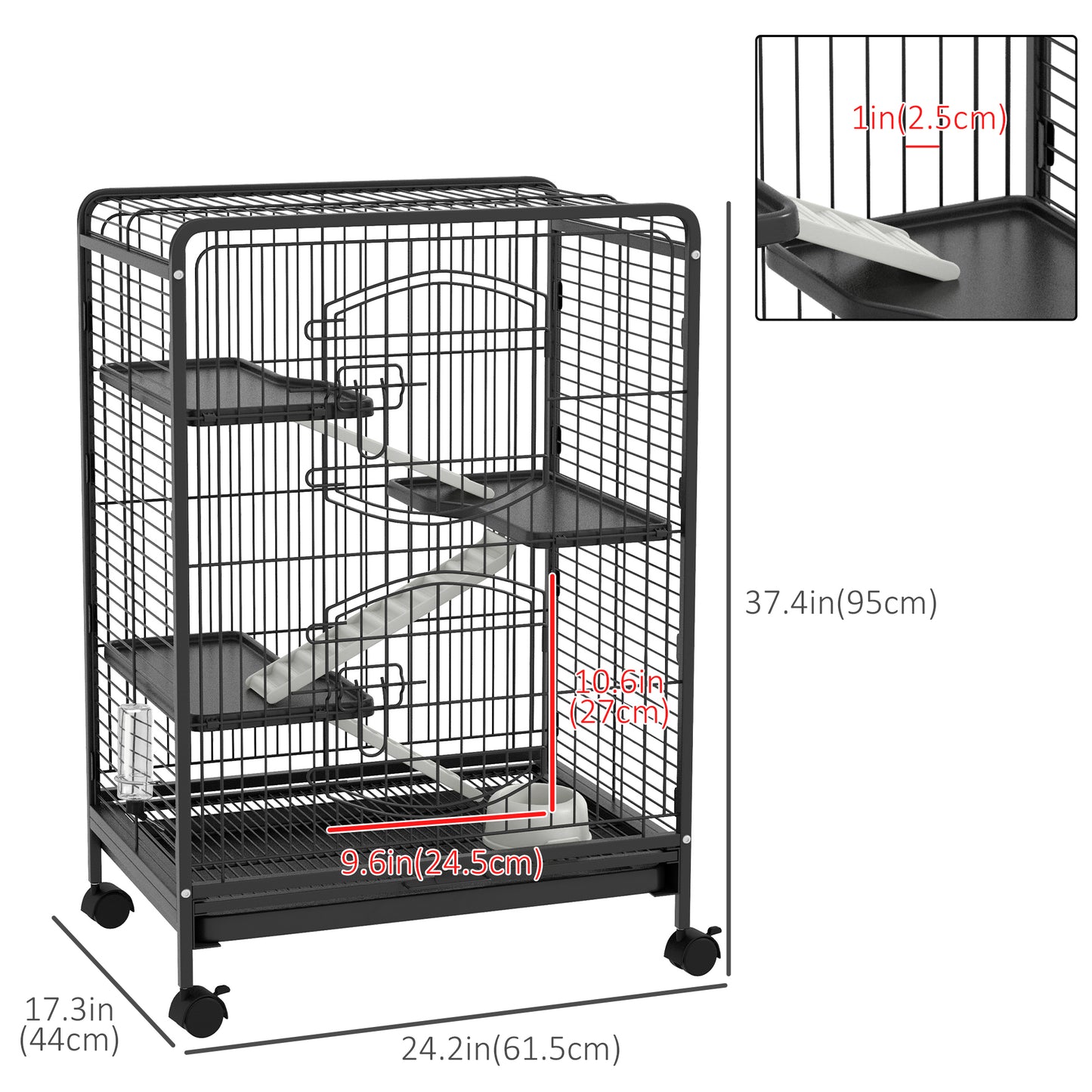 37"H Ferret Cage, 4-Tier Rolling Rabbit Ferret Chinchilla Squirrel Cage with Removable Tray, Platform, Ramp, Food Dish, 