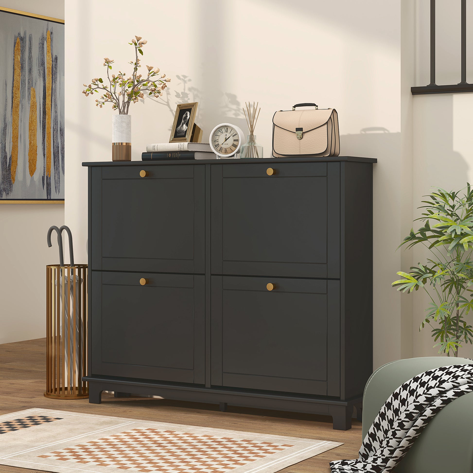 Modern Shoe Storage Cabinet, Narrow Shoe Cabinet with 4 Flip Drawers, Adjustable Shelves, 5 Legs for Entryway, Black