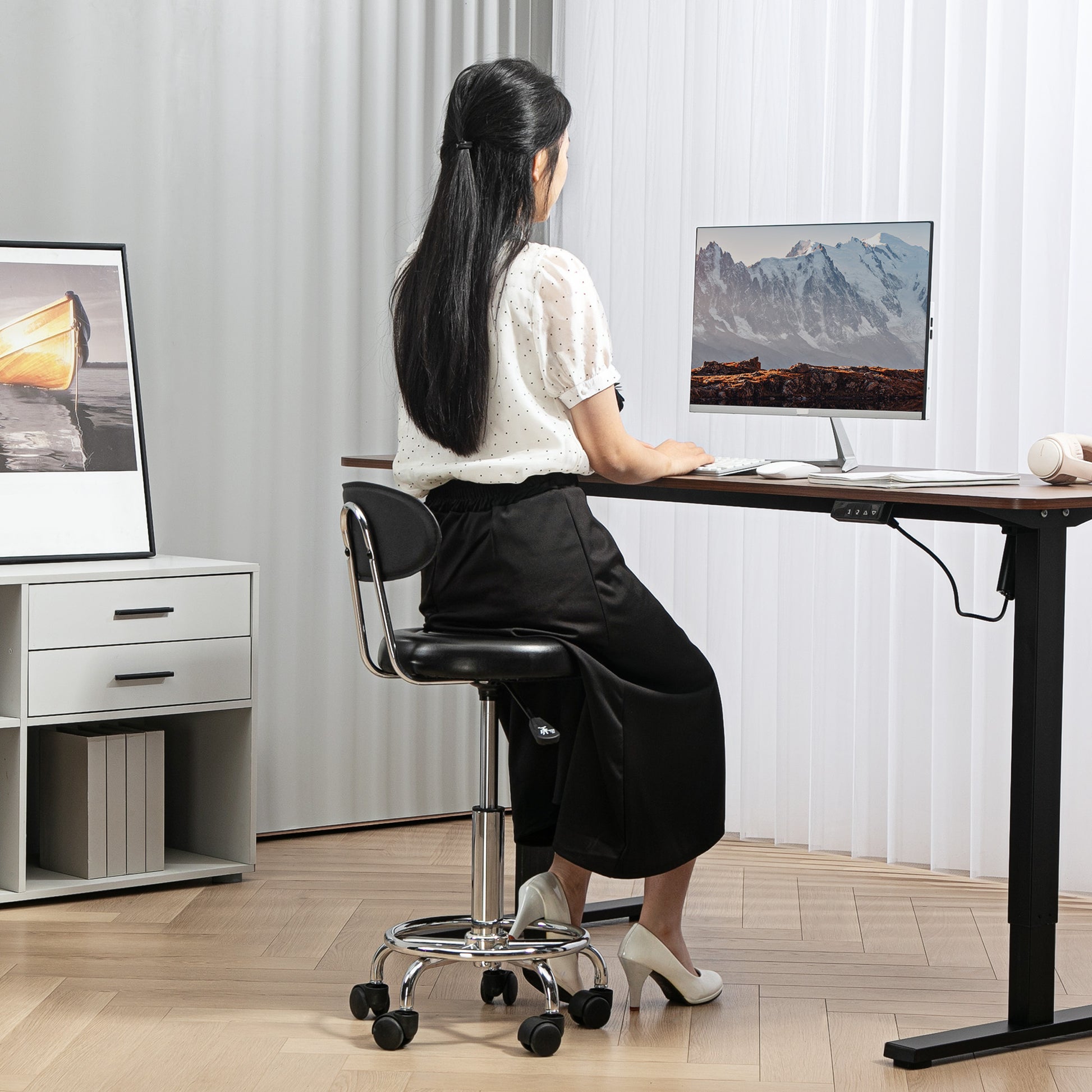 Adjustable Stool, Rolling Stool, 360° Rotate, with Backrest and Wheels, Black