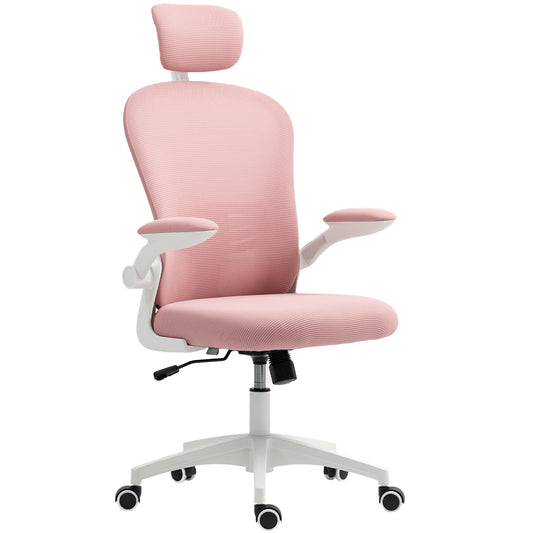 Office Chair, Mesh Computer Desk Chair with Adjustable Headrest, 4D Lumbar Support, Flip-up Arm, Pink