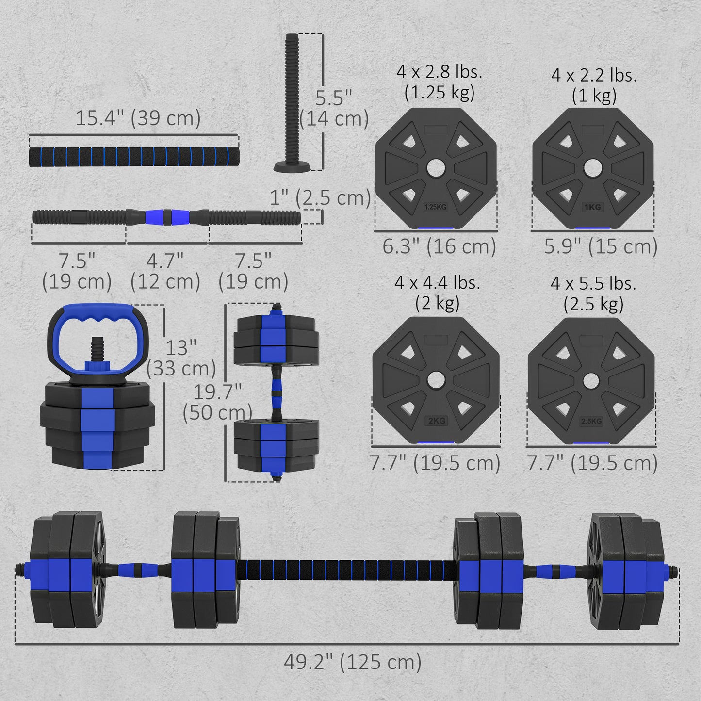 Soozier 6-in-1 Adjustable Dumbbell Set, Used as Kettlebell, Barbell, Dumbbell, Push-Up Stand, 66lbs Free Weights Set, Bl