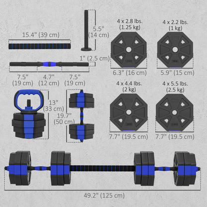 Soozier 6-in-1 Adjustable Dumbbell Set, Used as Kettlebell, Barbell, Dumbbell, Push-Up Stand, 66lbs Free Weights Set, Bl