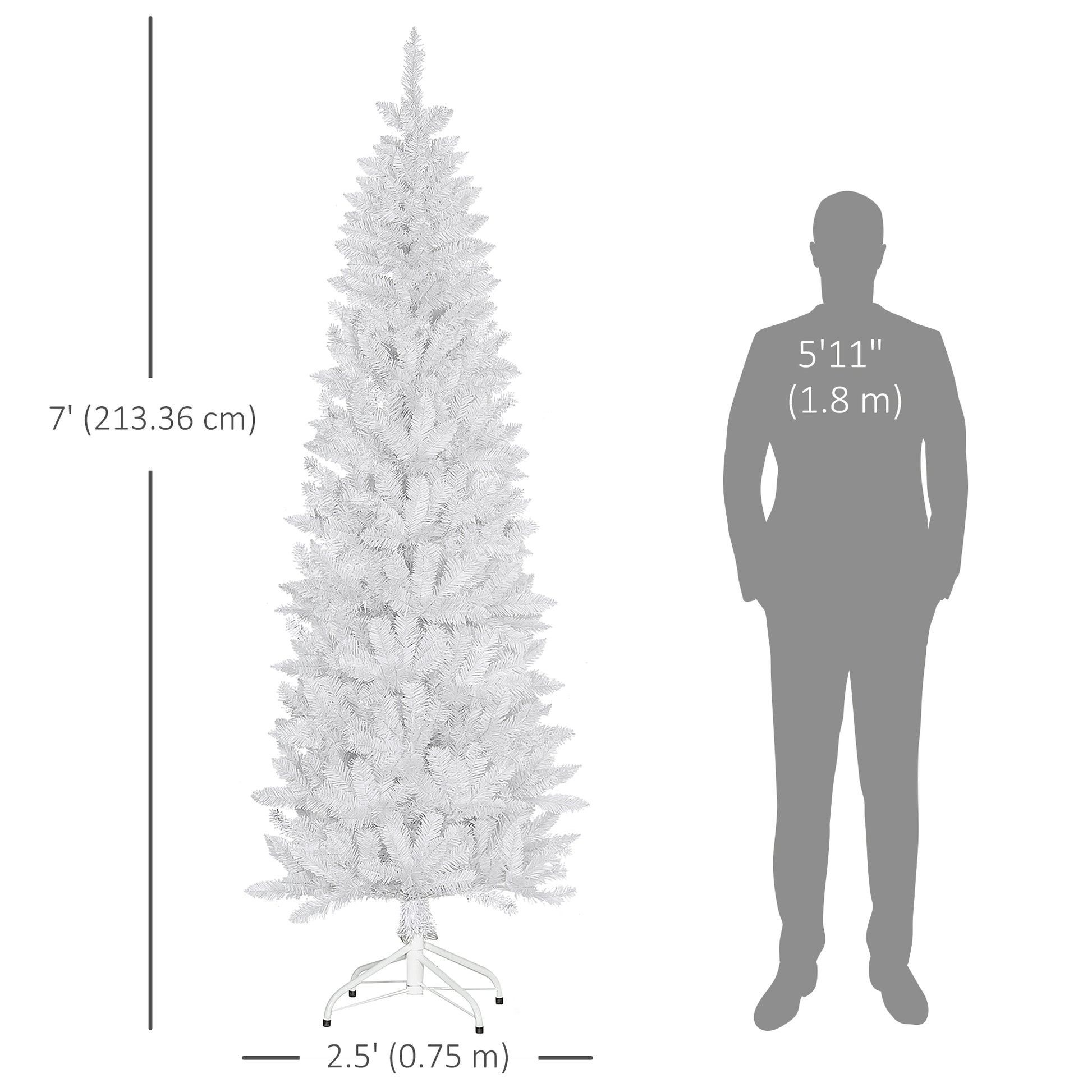 7ft Tall Pencil Artificial Christmas Tree with 687 Branch Tips with Steel Base, White