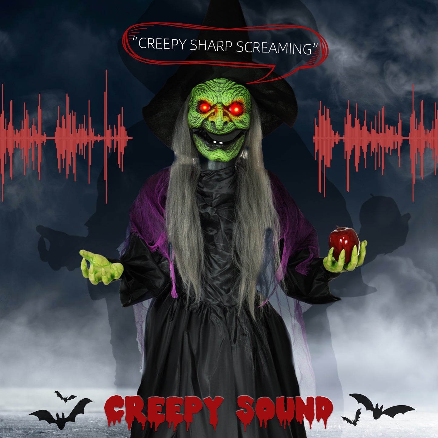 5.9' Life Size Decoration Animatronic Old Witch Outdoor Halloween, Sound and Motion Activated w/ Light Up Eyes