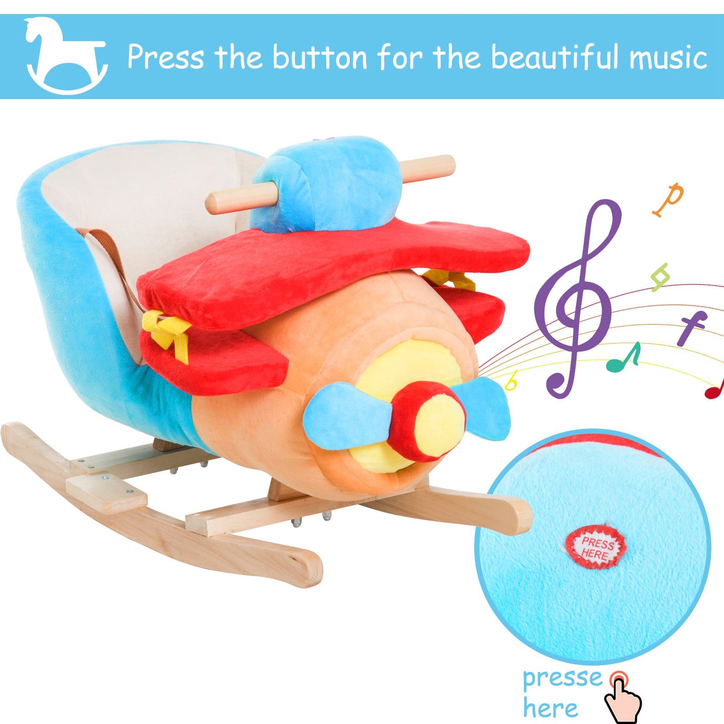 Qaba Baby Rocking Horse Plane Design Plush Stuffed Rocking Chair, Wooden Rocking Horse with Sound, Seat Belt for Boys an