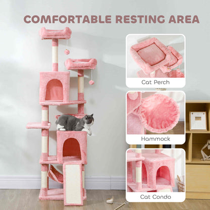 Cat Tree, 70" Multi-Level Cat Tower with 2 Condos, 2 Perches, Hammock, Toy Balls, Scratching Posts and Board, Pink