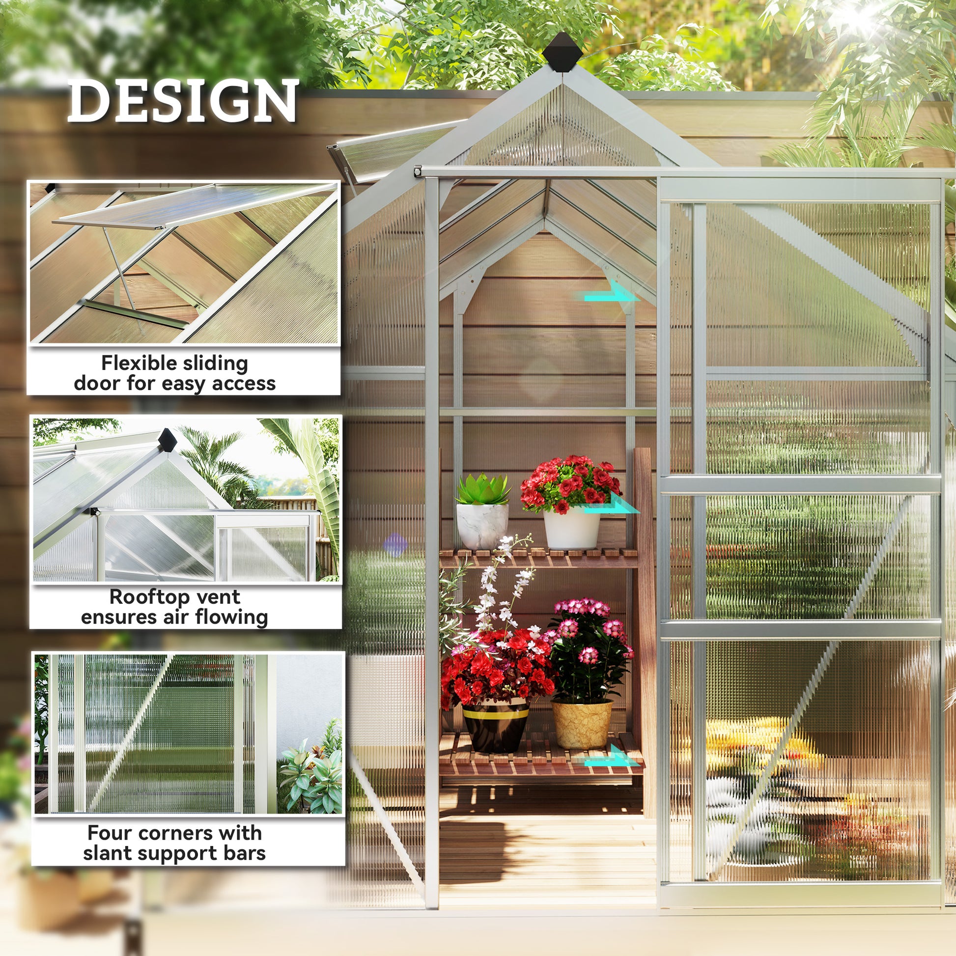 6' x 8' x 6.6' Polycarbonate Greenhouse, Walk-In Green House Kit Garden, Plants Grow, Galvanized Sheet Aluminum Frame wi