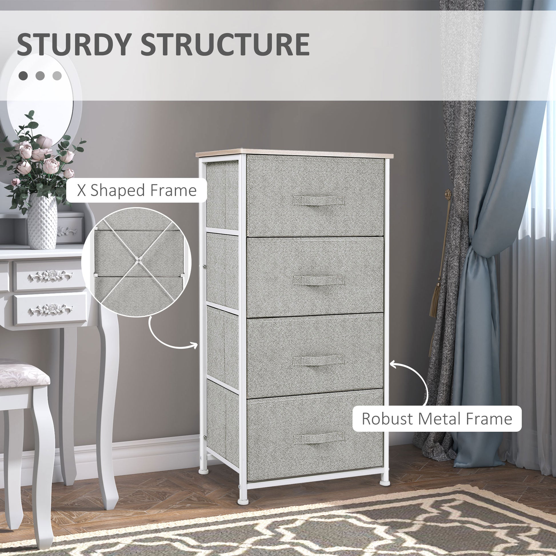 Linen Drawer Cabinet Organizer Storage Dresser Tower with 4 Removable Drawer Metal Frame Adjustable Feet for Living Room