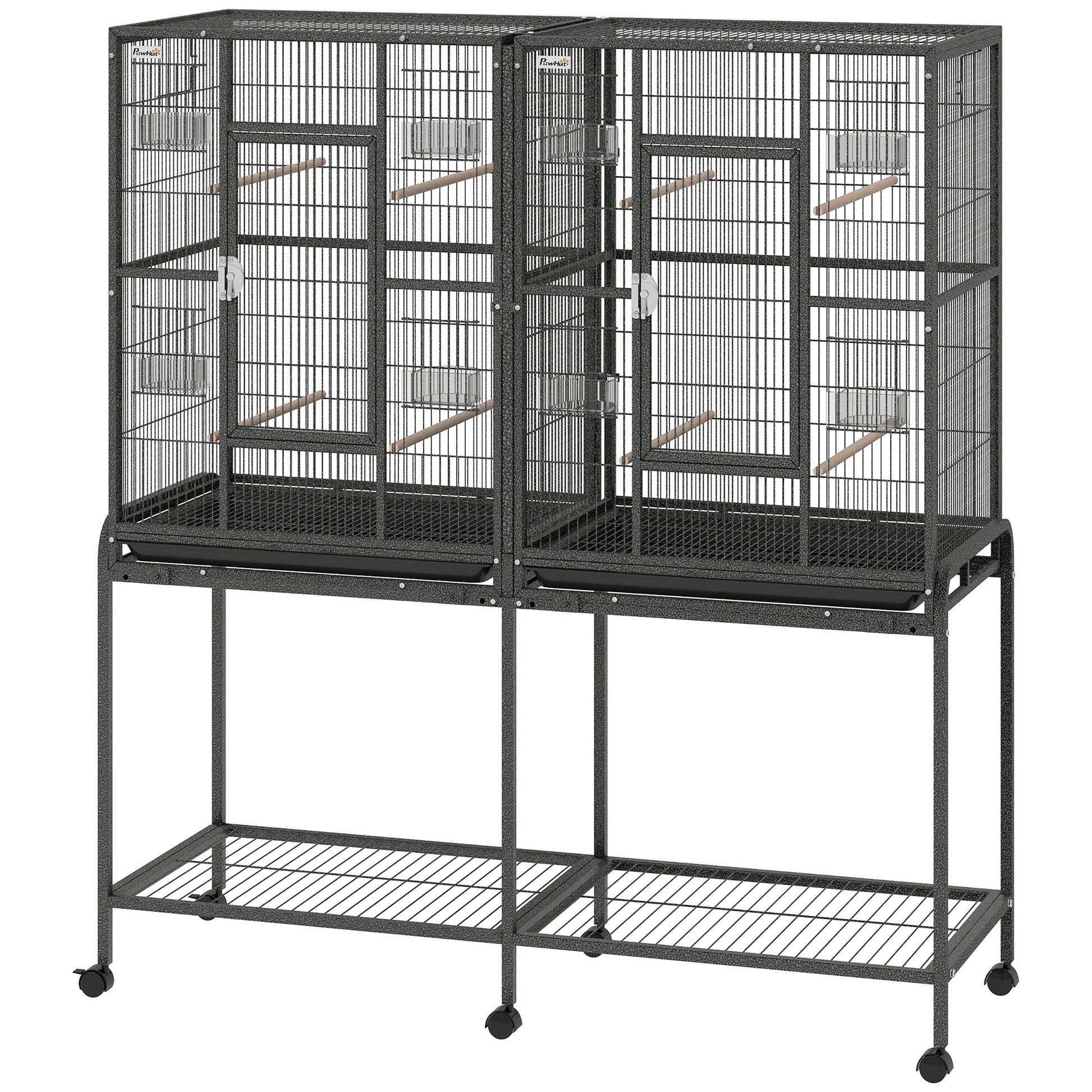 56"H Bird Cage, Parrot Cage w/ Detachable Rolling Stand, Removable Tray, Storage Shelf, Perches, Food Container