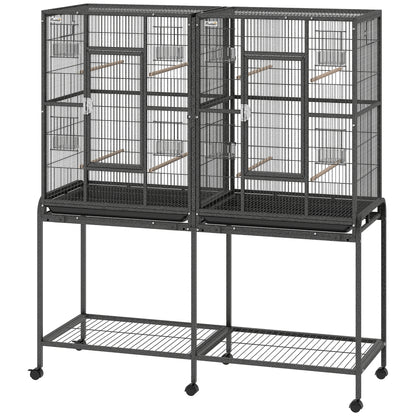 56"H Bird Cage, Parrot Cage w/ Detachable Rolling Stand, Removable Tray, Storage Shelf, Perches, Food Container
