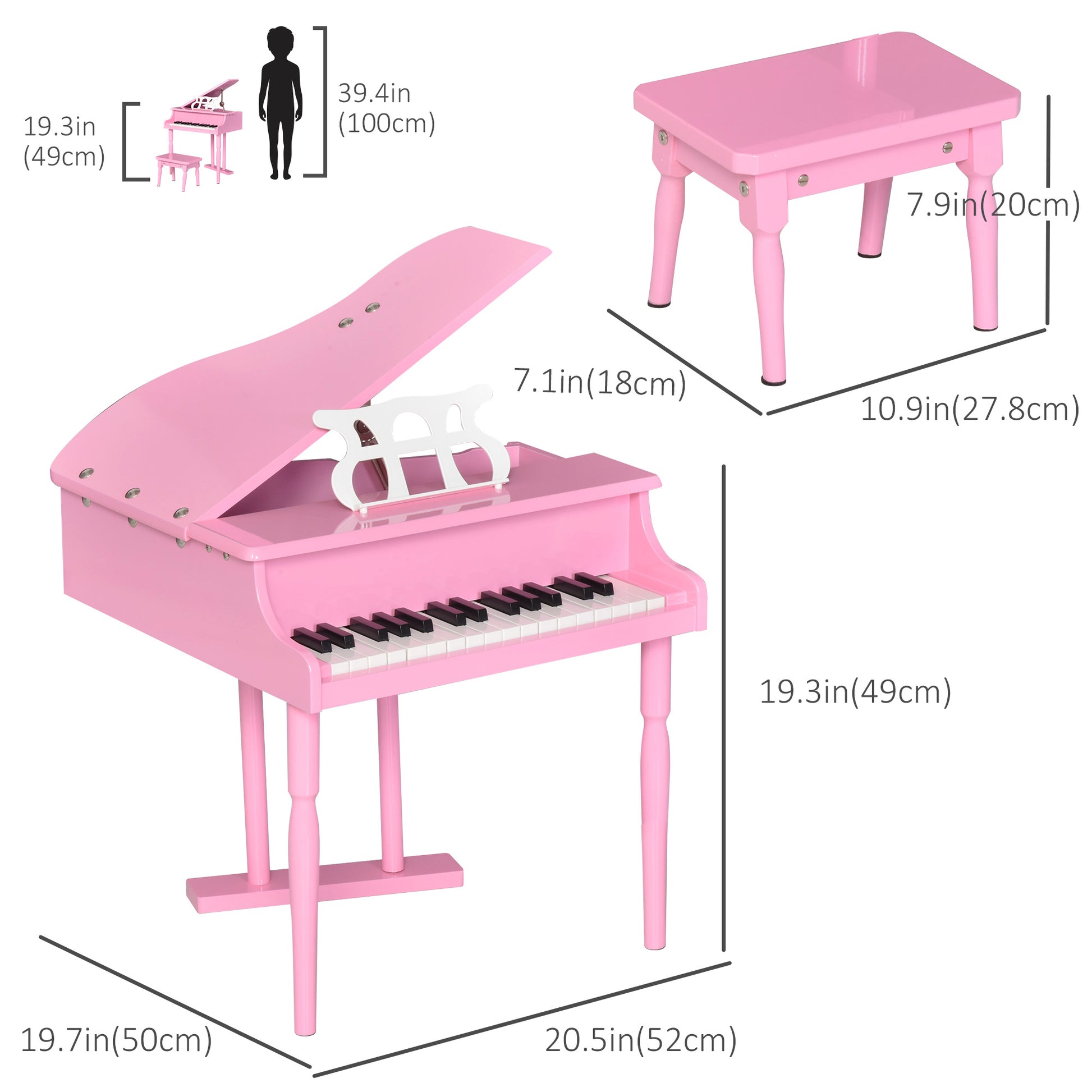 Modern Kids Piano, 30 Keys, Set of 2, Mini Toy for Child, Grand Piano with Music Stand and Bench, Ideal Gift, Pink