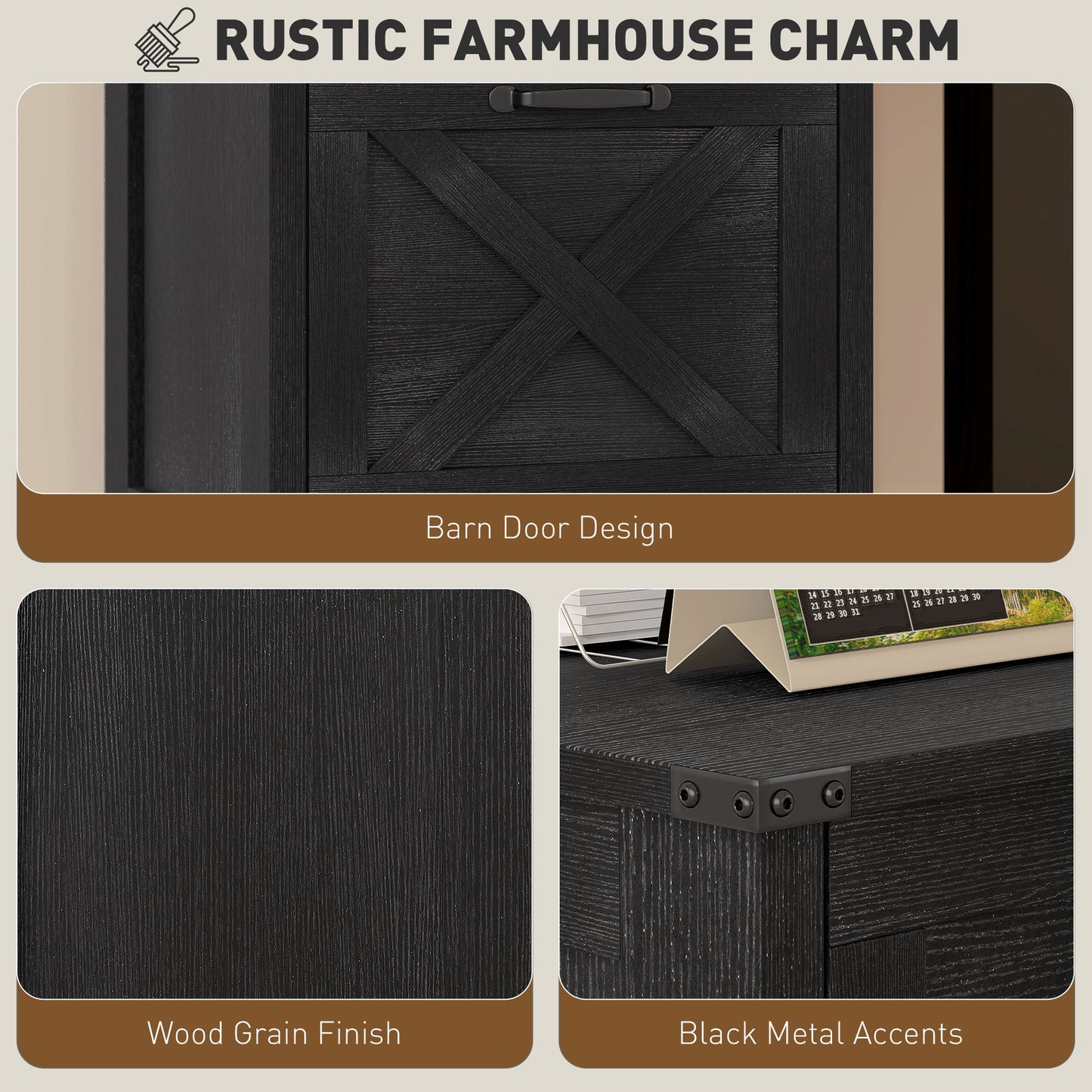 Vertical Filing Cabinet with 2 Drawers, Rustic Farmhouse Office Storage Cabinet for A4, Letter Size, Distressed Black