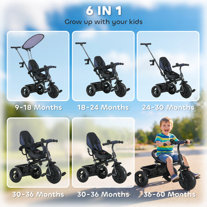 Qaba 6 in 1 Kids Tricycle with Removable Handlebar and Canopy, Navy Blue
