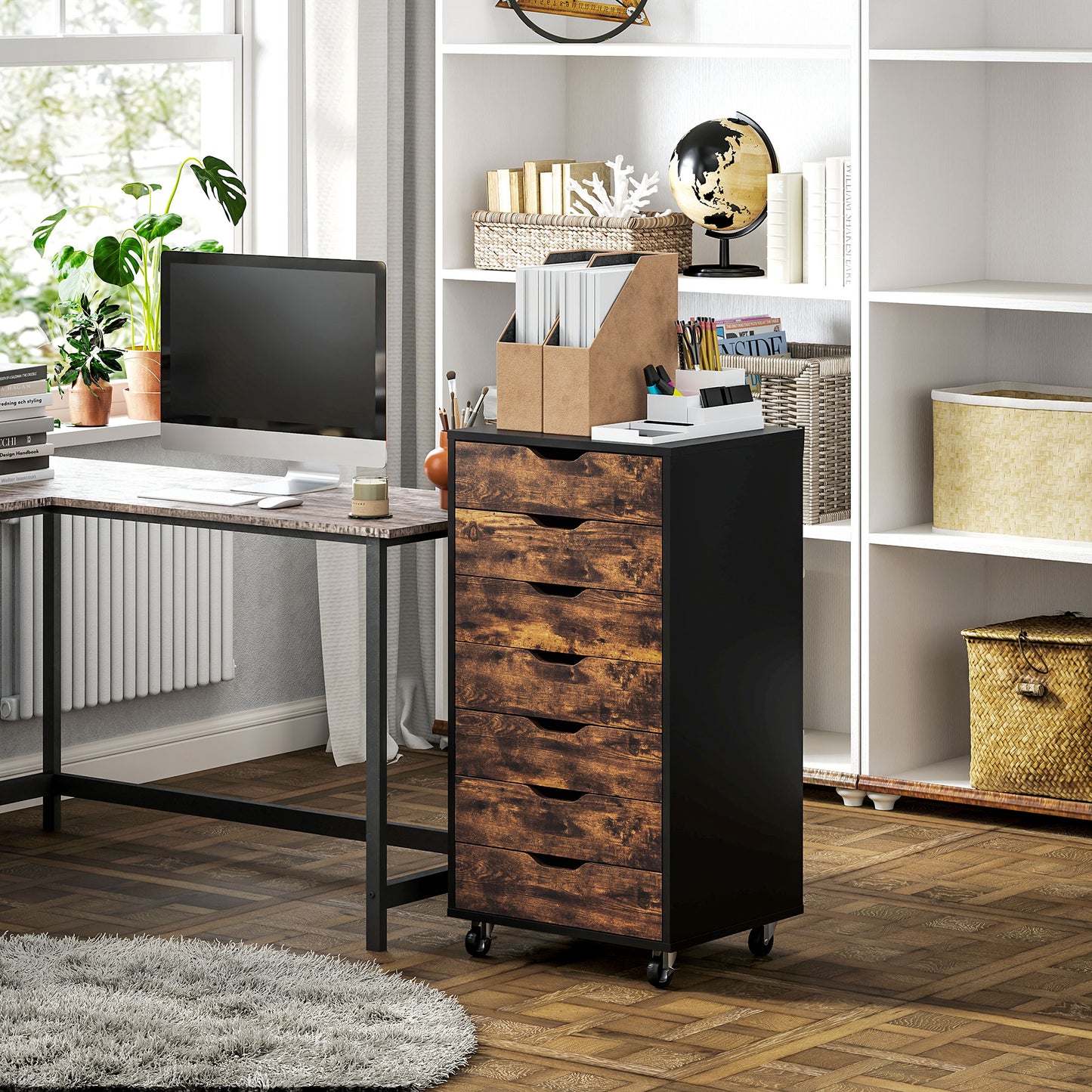 7-drawer Vertical File Cabinet for Home Office, Storage Cabinet with Wheels, 18.7"x15.6"x35.4", Rustic Brown