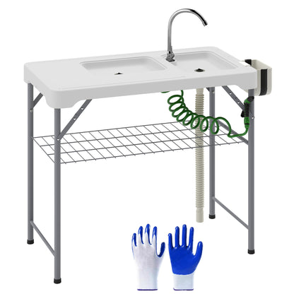 Folding Fish Cleaning Table with Sinks, Camping Sink with Faucet Drainage Hose Sprayer Shelf, White