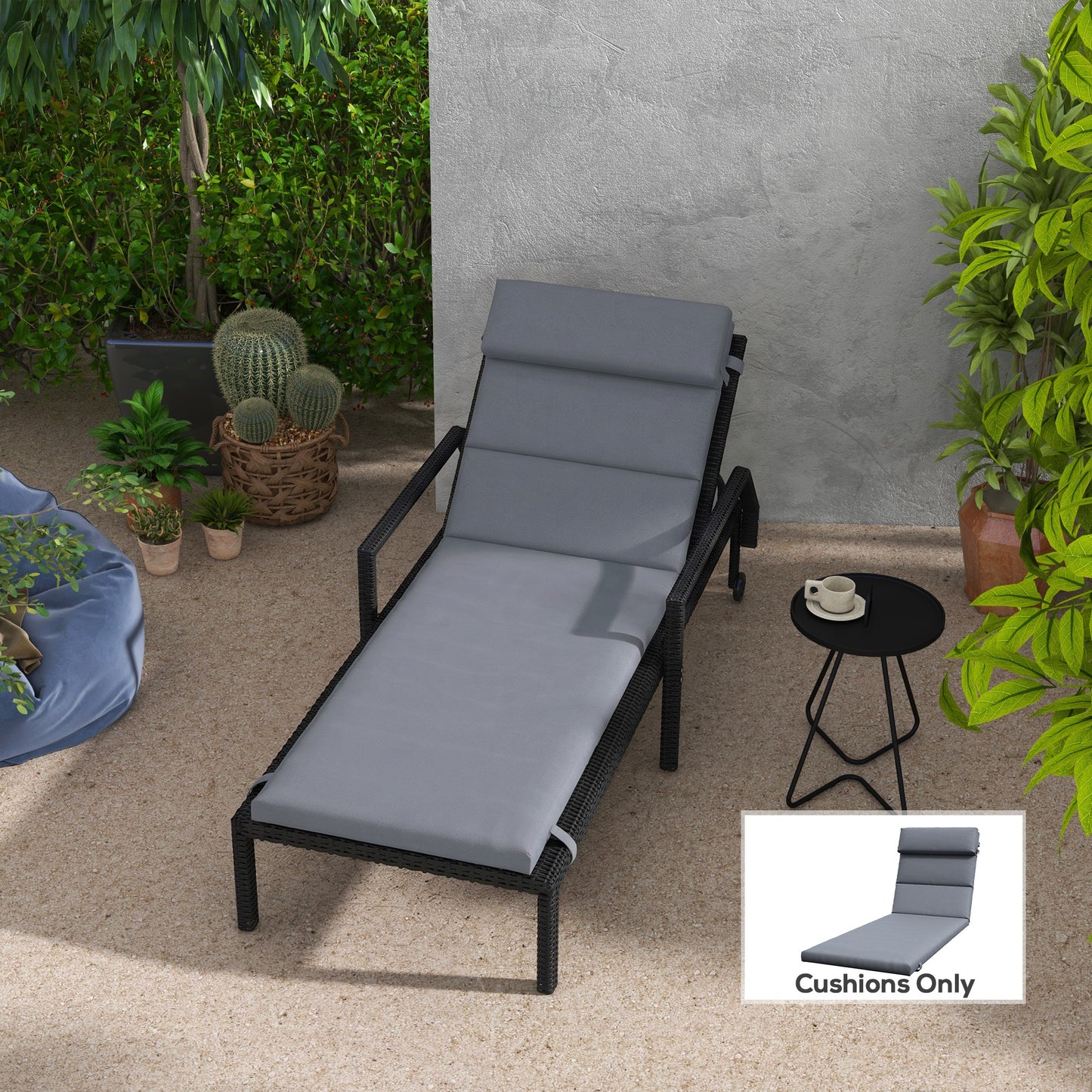 Patio Chaise Lounge Chair Cushion Replacement Sun Lounger Pads with Headrest and Ties, Dark Grey