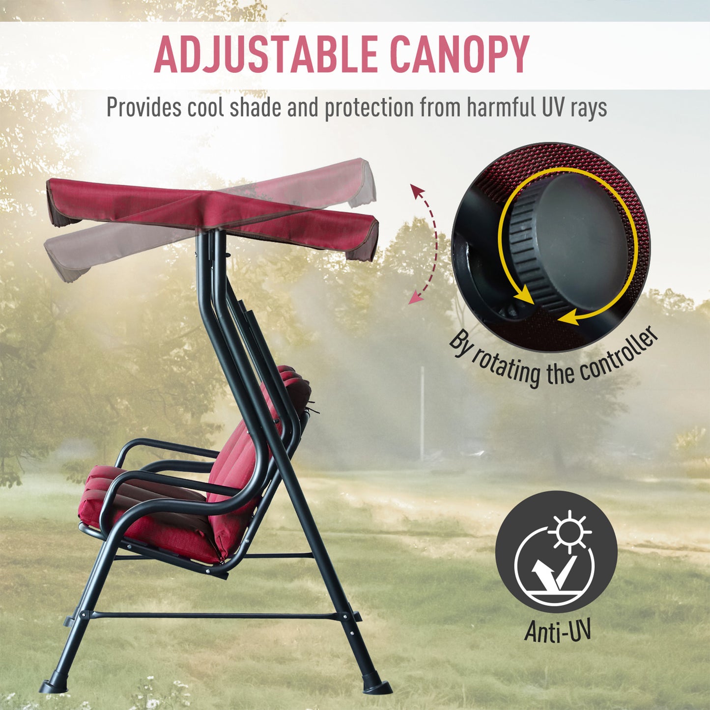 3-Person Porch Swing Chair, Patio Swing Bench with Adjustable Canopy, Removable Thicken Cushion and Weather Resistant St