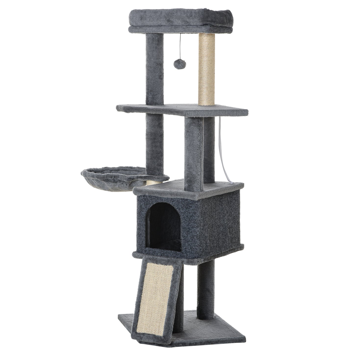 50 Inch Cat Tree, Multi-Level Cat Tower with Sisal Scratching Posts and Ramp, Bed, Condo, Hammock, Toy Ball, Grey