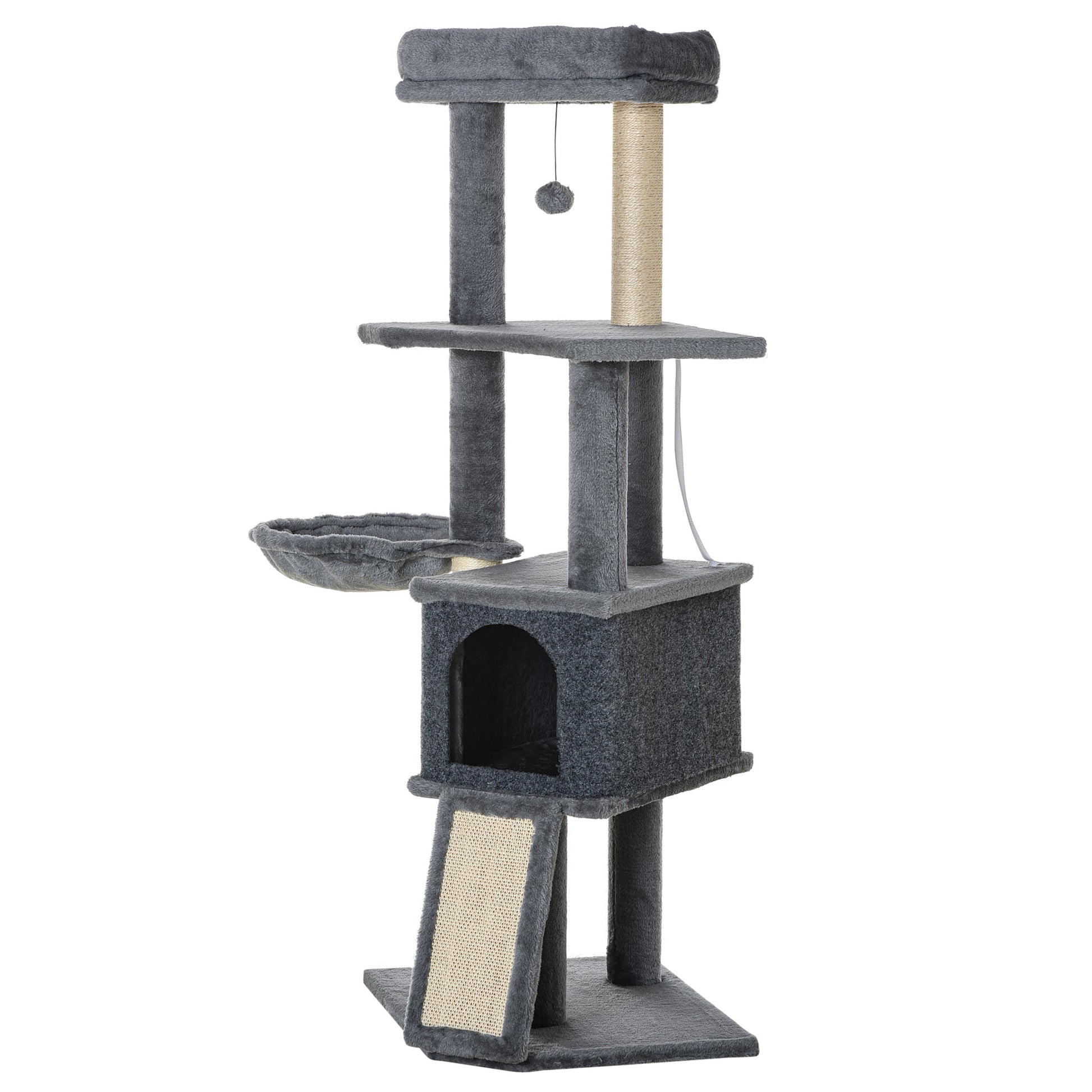 50 Inch Cat Tree, Multi-Level Cat Tower with Sisal Scratching Posts and Ramp, Bed, Condo, Hammock, Toy Ball, Grey