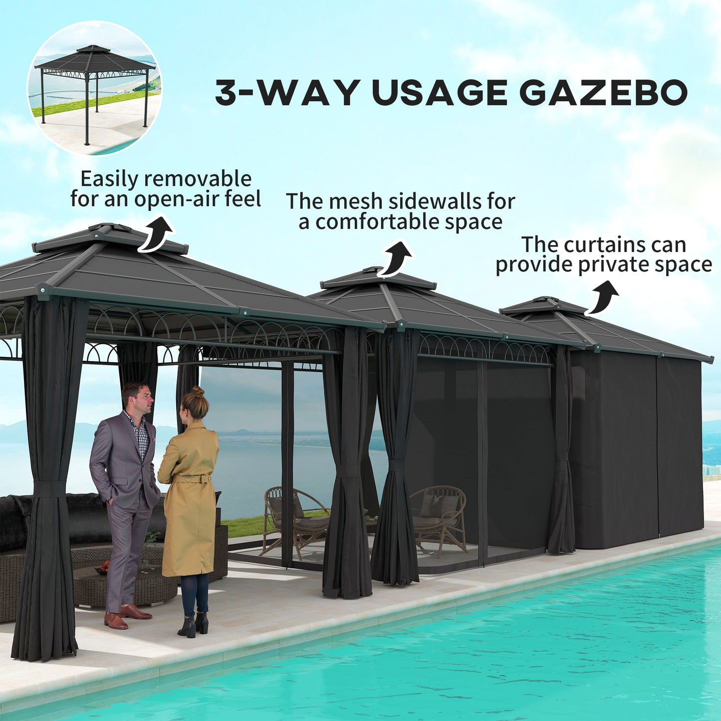 10' x 10' Outdoor Hardtop Gazebo Canopy with Double PC Roof, Steel Frame, Nettings, Curtains for Garden Lawn Deck, Black