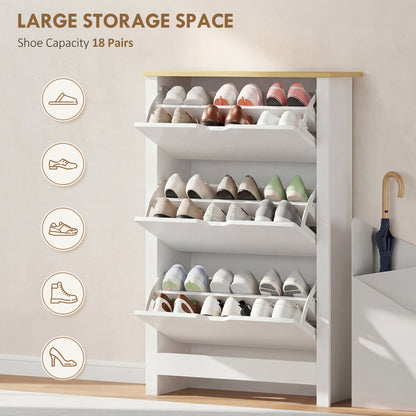 Shoe Storage Cabinet with 3 Flip Drawers and Adjustable Shelves for 12-18 Pairs of Shoes, White