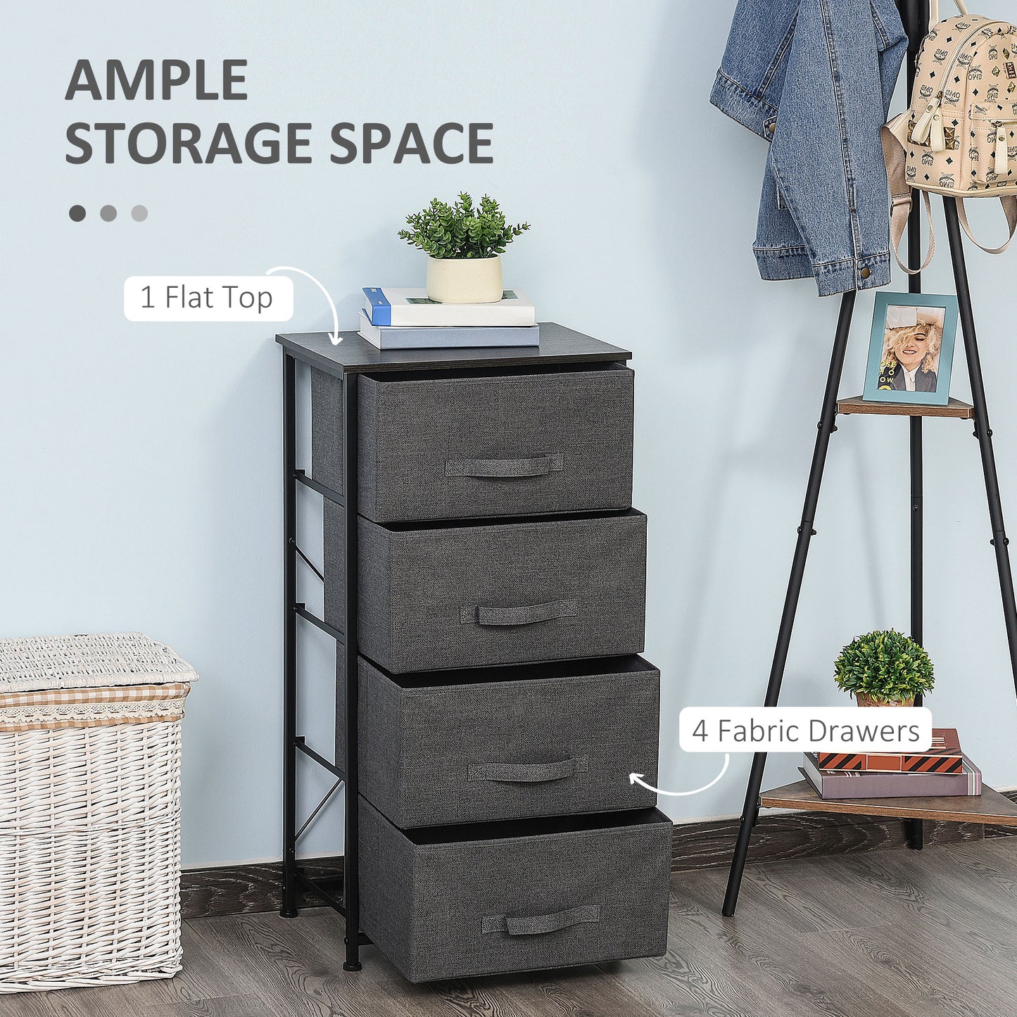 Linen Drawer Cabinet Organizer Storage Dresser Tower with 4 Removable Drawer Metal Frame Adjustable Feet for Living Room