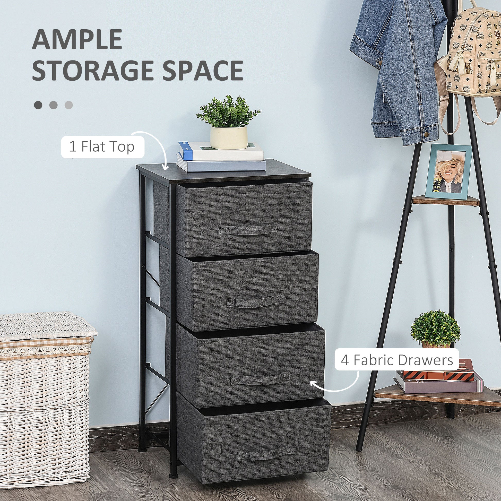 Linen Drawer Cabinet Organizer Storage Dresser Tower with 4 Removable Drawer Metal Frame Adjustable Feet for Living Room