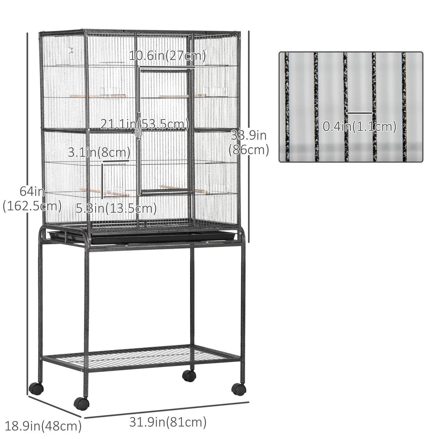 Large Rolling Metal Bird Cage Bird House with Detachable Rolling Stand, Storage Shelf, Wood Perch Food Container - Black