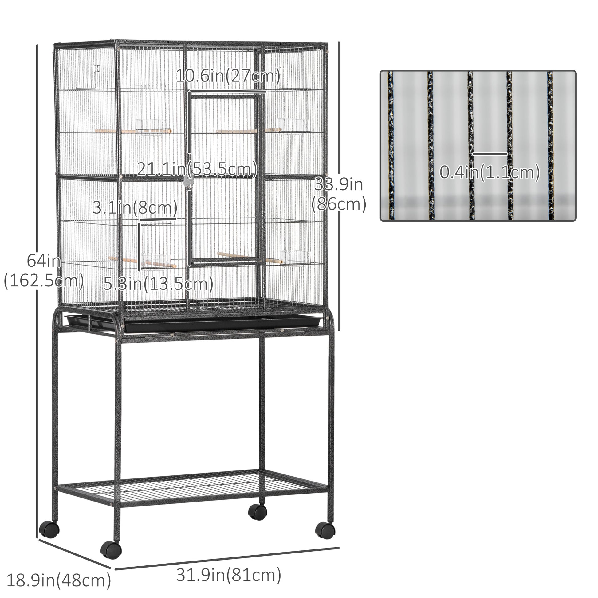 Large Rolling Metal Bird Cage Bird House with Detachable Rolling Stand, Storage Shelf, Wood Perch Food Container - Black