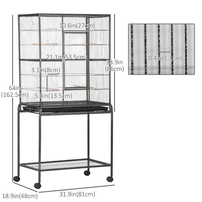 Large Rolling Metal Bird Cage Bird House with Detachable Rolling Stand, Storage Shelf, Wood Perch Food Container - Black