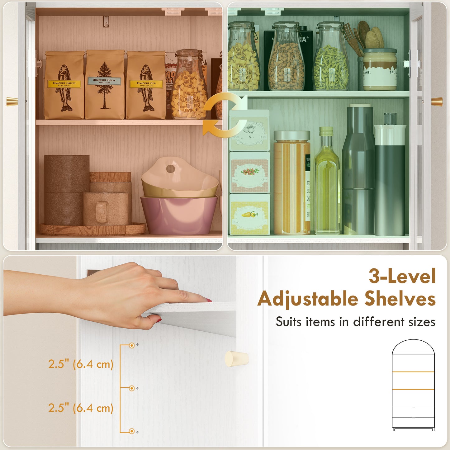 Arched Kitchen Pantry Cabinet, 71" Tall Farmhouse Kitchen Storage Cabinet with 2 Drawers, Acrylic Glass Doors, White