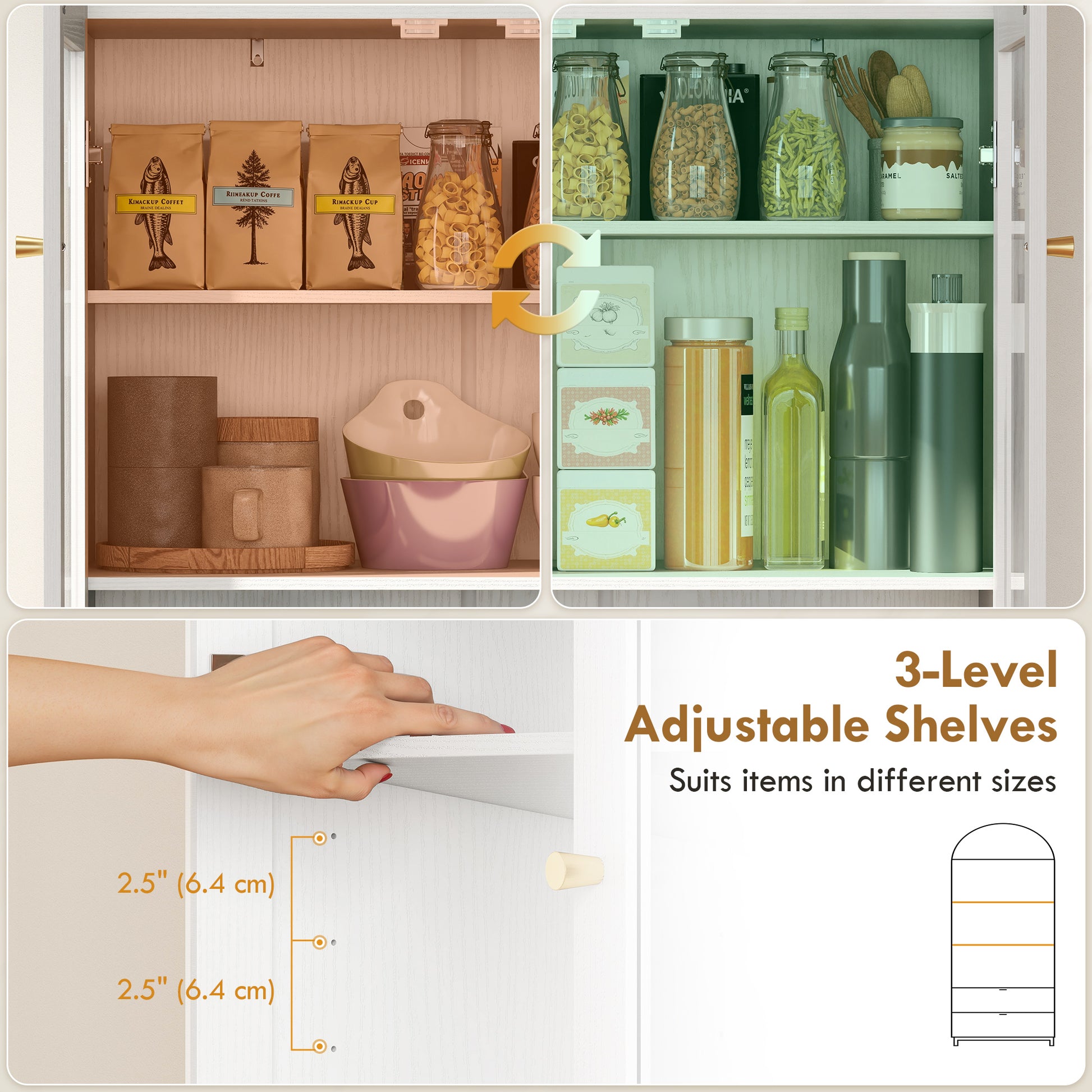 Arched Kitchen Pantry Cabinet, 71" Tall Farmhouse Kitchen Storage Cabinet with 2 Drawers, Acrylic Glass Doors, White