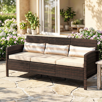 3-Seater Wicker Sofa, PE Rattan Outdoor Couch Conversation Furniture with Removable Cushions for Patio, Garden, Brown