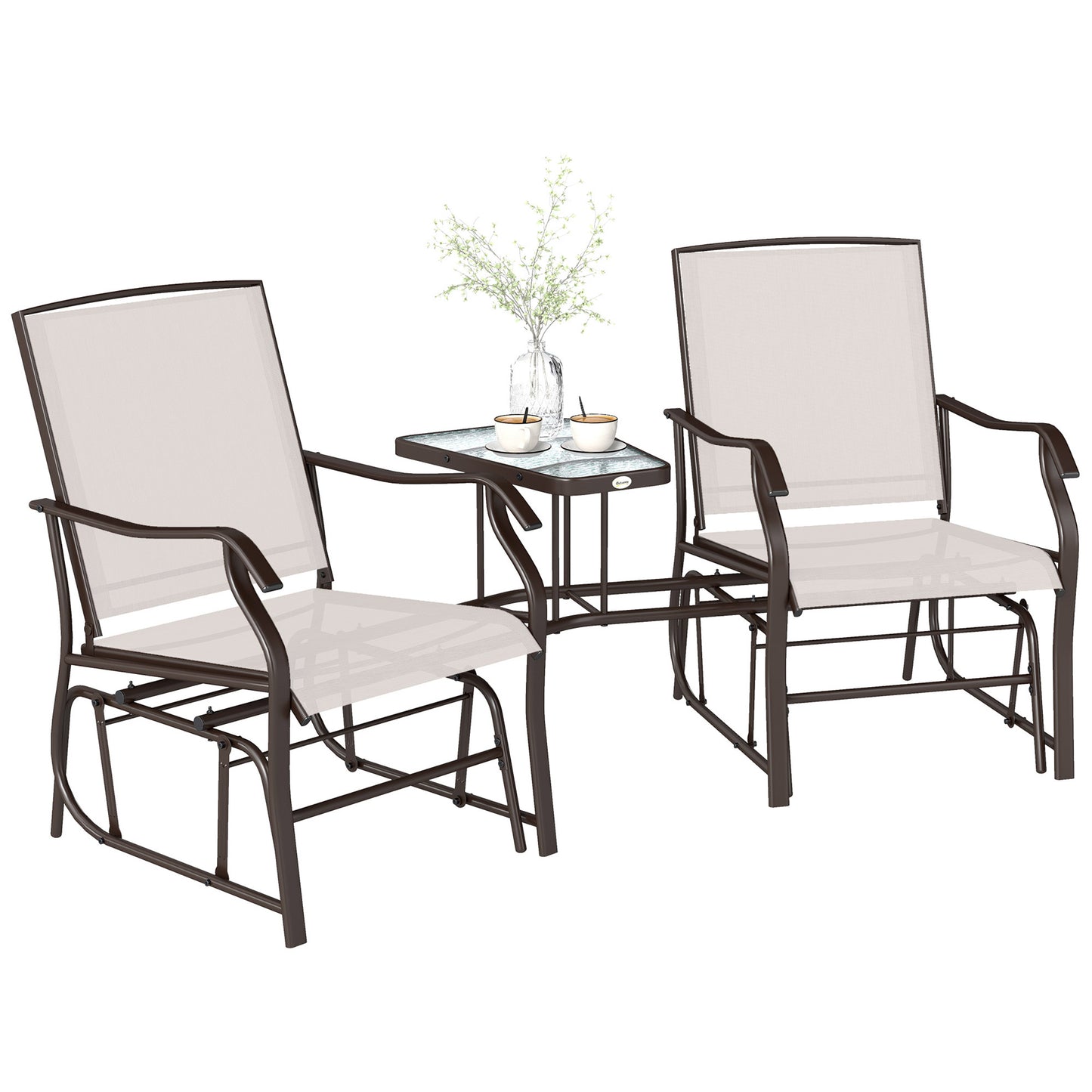 Double Patio Glider Chair with Glass Top Center Table, Outdoor Glider Loveseat with High Back,  All Weather Breathable M