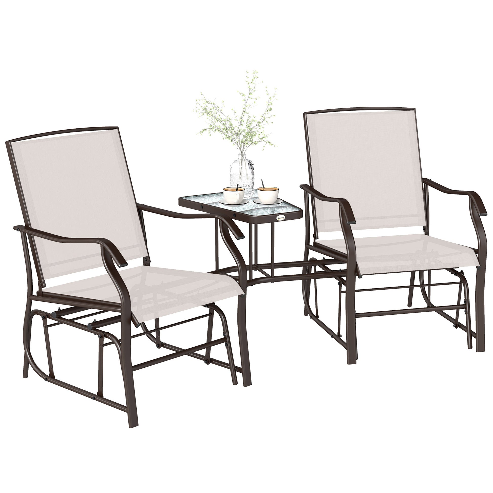 Double Patio Glider Chair with Glass Top Center Table, Outdoor Glider Loveseat with High Back,  All Weather Breathable M
