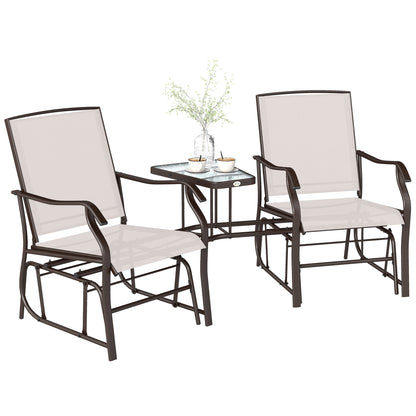 Double Patio Glider Chair with Glass Top Center Table, Outdoor Glider Loveseat with High Back,  All Weather Breathable M