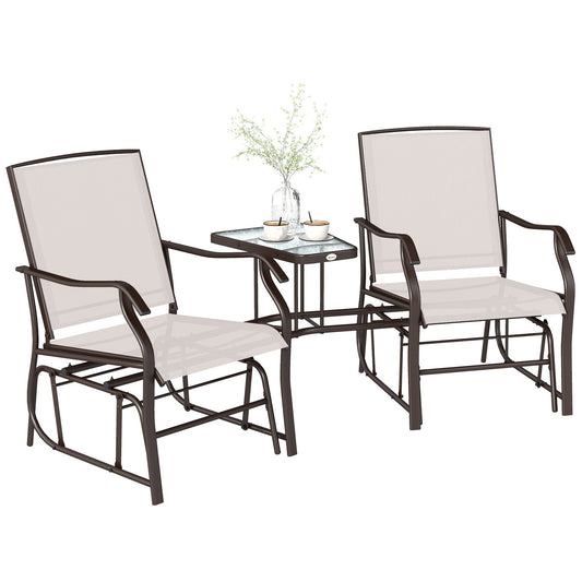 Double Patio Glider Chair with Glass Top Center Table, Outdoor Glider Loveseat with High Back,  All Weather Breathable M